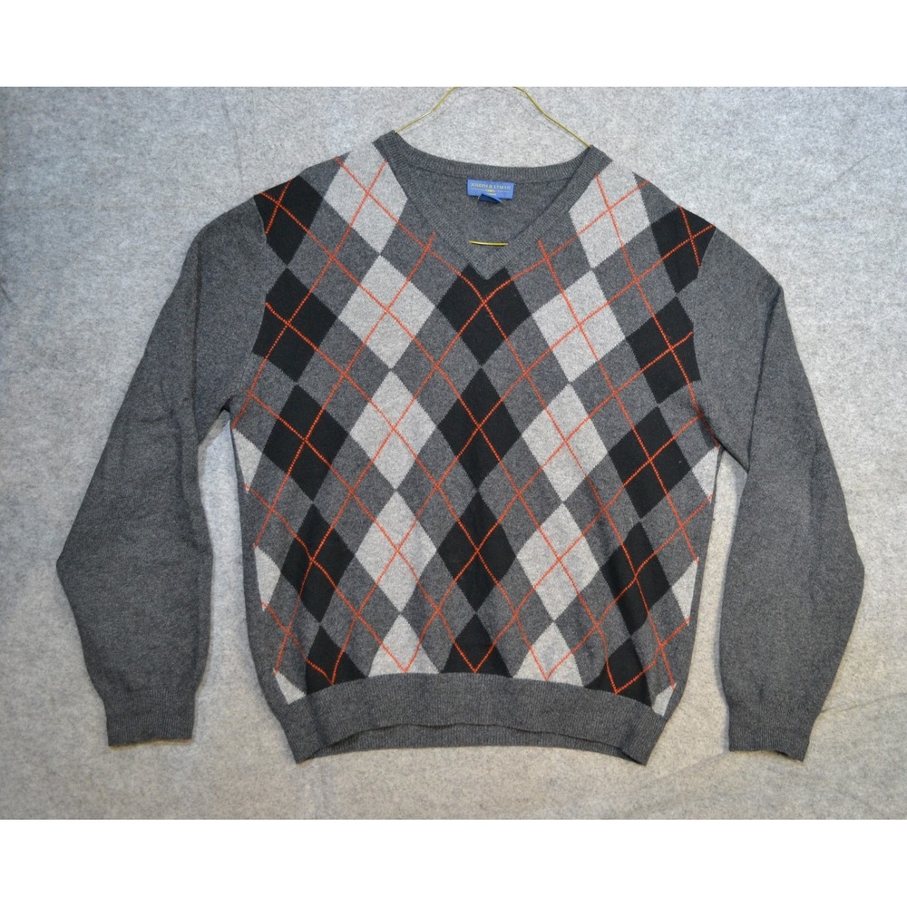 Joseph & Lyman Sweater Mens L Gray 100% Cashmere V Neck Argyle Knit Pullover
